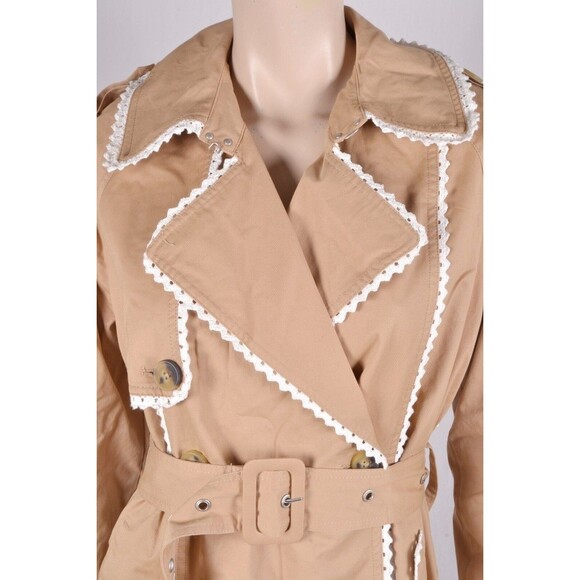 NWT 7 For All Mankind Belted Trech Coat SZ L Tan White Crochet trim Lined - Picture 5 of 5